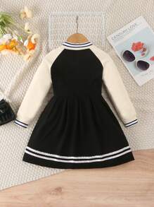 SHEIN Young Girl Solid Color Splicing Front Button Long Sleeve Printed Casual Dress