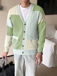 Claim Dot Men's Solid Color Splicing Front Button Long Sleeve Pocket Casual Shirt, Everyday Wear - Olive Green - View 3