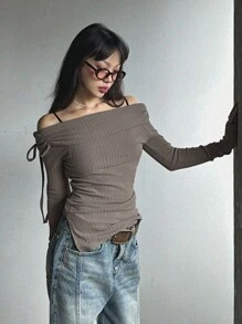 DAZY Áo thun nữ dài tay, kiểu trễ vai, thắt eo, ôm sát, thích hợp mặc mùa thu. - Màu Khaki - Xem 4