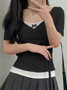 DAZY Women's V-Neck Lace Bow Color Block T-Shirt Cute Tops - Black - View 3
