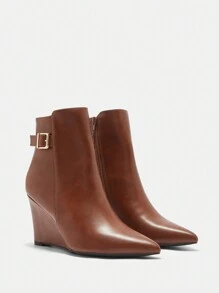 CUCCOO BIZCHIC Women's Solid Color Pointed Toe Buckle Wedge Ankle Boots, Suitable For Autumn And Winter New Year Holiday Valentines - Brown - View 9