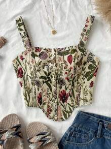 Soleia Women's Multicolor Woven Print Front Button Asymmetrical Hem Short Tank Top, Suitable For Inner Or Outer Wear Top, New Years Eve Outfit, Going Out Top, Holiday Top, New Years Outfit, Party Women Outfit, Festival Outfit, Christmas Outfit - Multicolor - View 2