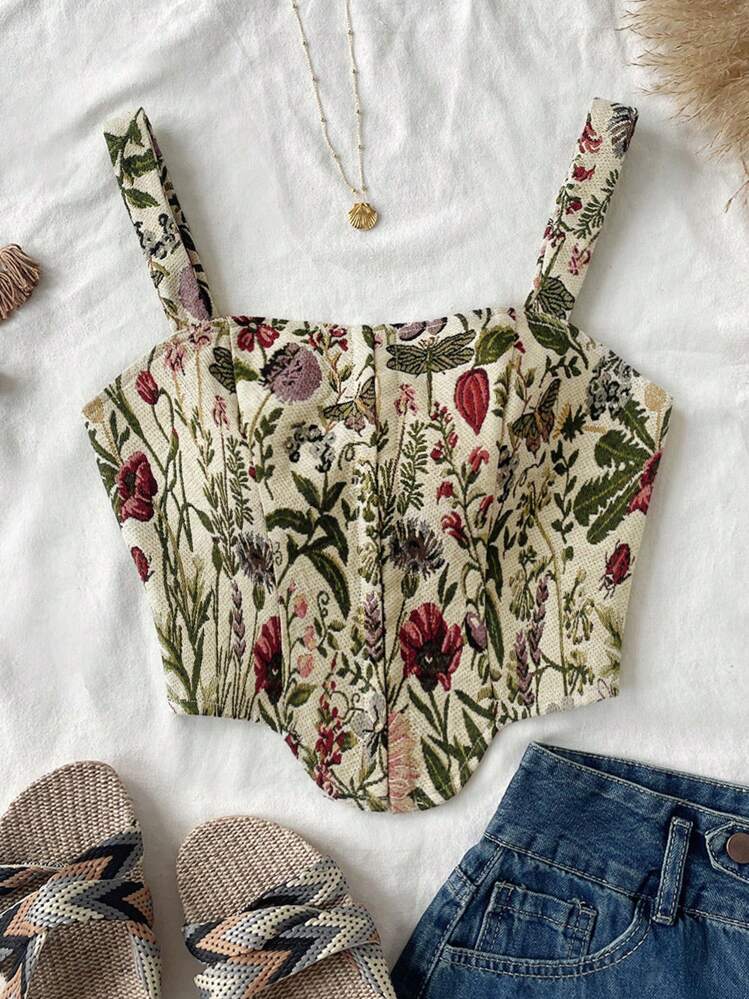 Soleia Women's Multicolor Woven Print Front Button Asymmetrical Hem Short Cami Top, Suitable For Inner Or Outer Wear Top, New Years Eve, Going Out Top, Holiday Top, Party, Festival, Christmas - Multicolor - View 2