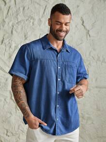 Manfinity VCAY Plus Size Men's Washed Casual Fashion Short Sleeve Denim Shirt
