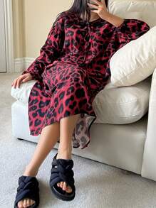 DAZY All-Over Leopard Print Tie Neck Loose Nightgown - Red - View 3