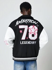 ROMWE MEN Street Life Chaqueta de béisbol de forro polar con bloqueo de color y bordado de letras, estilo casual para hombres en otoño/invierno - Multicolor - Ver 5