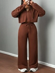 Slaydiva Set casual composto da felpa con cappuccio e chiusura lampo e pantaloni dritti con laccetto, colore marrone e tinta unita, adatto per donna - Castano - Visualizzare 3