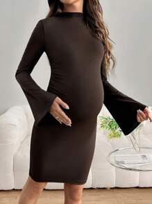SHEIN Vestido ajustado mini de manga larga con cuello alto y fruncido, apropiado para usar en otoño/invierno como ropa casual/de oficina, para embarazadas