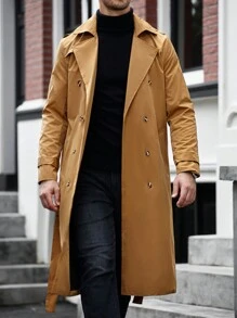 Manfinity Homme 男士休闲翻领双排扣系带长款风衣，适合送给朋友、丈夫、男朋友的礼物 - 卡其色 - 查看 6