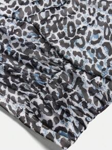 SHEIN Girlism Tween Girls Fitted Square Neck Drawstring Waist Leopard Print Casual Flare Sleeve T-Shirt - Dusty Blue - View 4