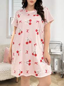 Plus Size Casual Cherry Print Short Sleeve Nightgown