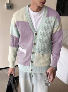 Manfinity Homme 男士撞色纽扣长袖休闲开衫，带口袋，秋冬 - 淡紫色 - 查看 1