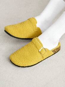 Solecia Women's Round Toe Fuzzy Slip-On Flat Mules Spring Shoes Spring Break Easter For Christmas - Yellow - View 7