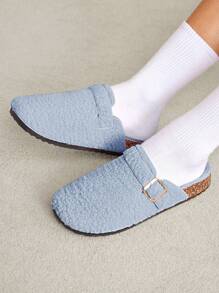 Solecia Women's Solid Color Splicing Metal Decorative Round Toe Fluffy Slippers - Blue - View 7