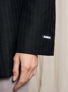 AiiRZ Designer Pin Stripe Blazer Double Breasted Wool Blazer Professional Business Fall Winter Lightweight Oversized Long Sleeve Fashion Urban Office Wear - Black - View 6