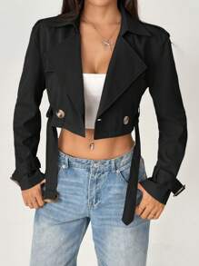 SHEIN PETITE Damski płaszcz typu trencz z wyciętymi klapami i guzikami z przodu, z długim rękawem, na co dzień - Czarne - Zobacz 1