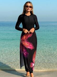 Swim Shayni 2024 适度布基尼 3 件套，长袖上衣，长裤，莲花裹身裙，保守泳衣夏季阿拉伯服装 - 黑色 - 查看 3