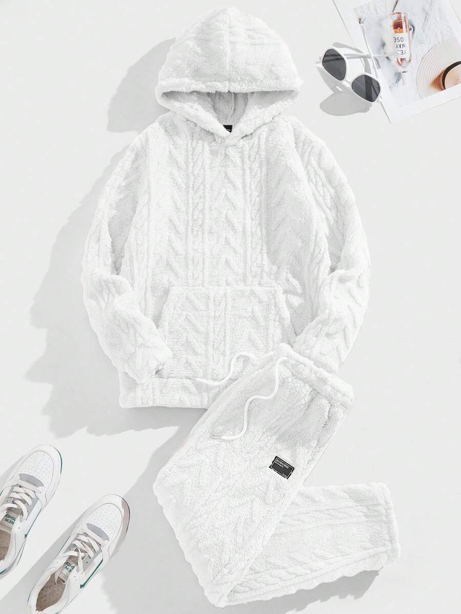 Manfinity VCAY 2pcs Men's Loose Fit Drop Shoulder Hooded Fleece Sweatsuit Set, Warm And Suitable For Autumn/Winter - White - View 1