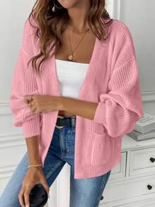 SHEIN LUNE 女士休闲纯色开衫，秋冬 - 粉色 - 查看 1