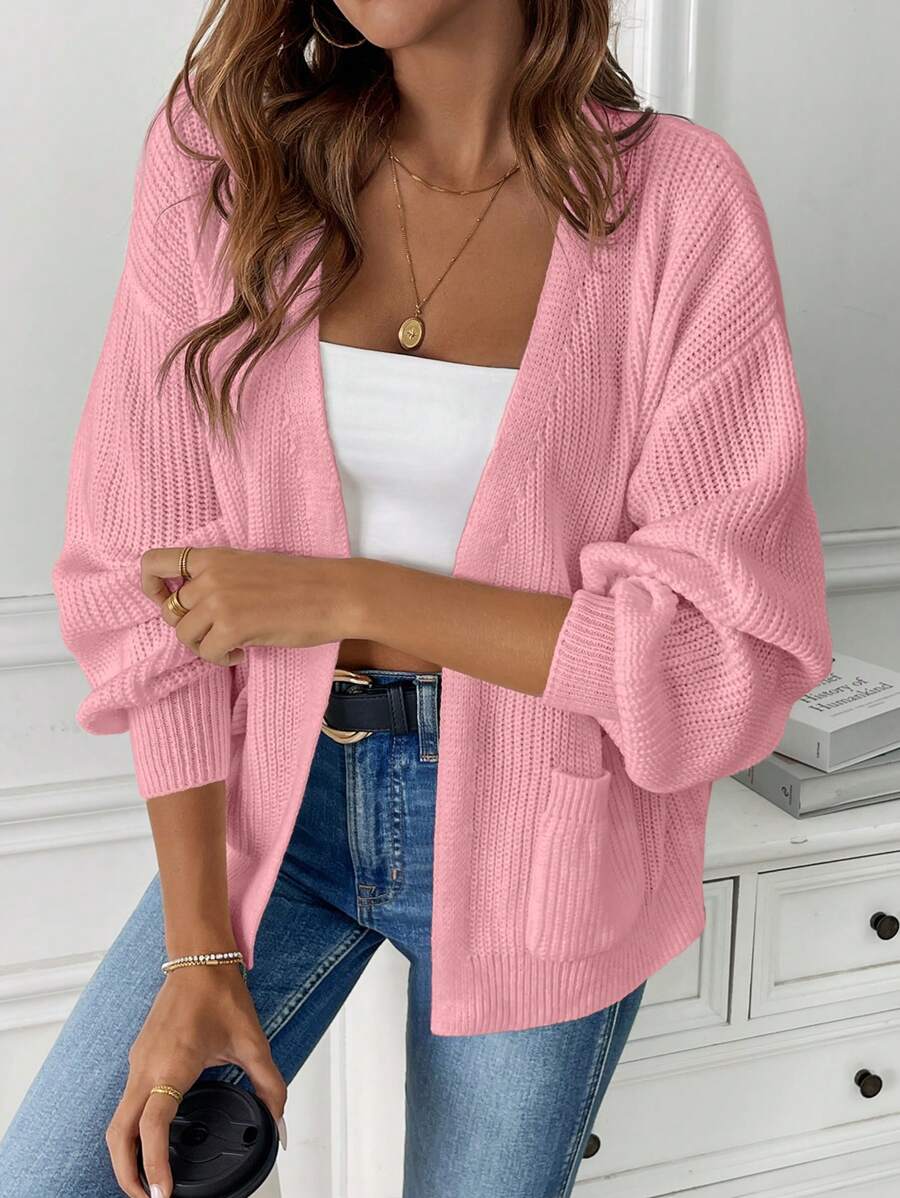 SHEIN LUNE 女士休闲纯色开衫，秋冬 - 粉色 - 查看 1