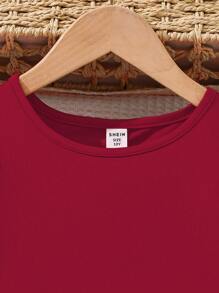 Sparklyn 2pcs/Set Tween Girl Solid Color Round Neck Short Sleeve Simple Top And Long Pants Set - Burgundy - View 3