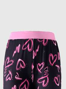 SHEIN Explorewe Pantaloni sportivi casual da ragazza adolescente per uso quotidiano, con vita elastica, stampa a cuori, pannelli in patchwork, gambe a zampa, pantaloni della tuta di moda per l'autunno e San Valentino - nero - Visualizzare 4