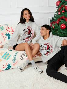 Manfinity Unisex Santa Claus Graphic Loose Drop Shoulder Hooded Sweatshirt, Suitable For Christmas Going Out, Light Grey Long Sleeve Hoodie, For Friends, Husband, Boyfriend Gifts