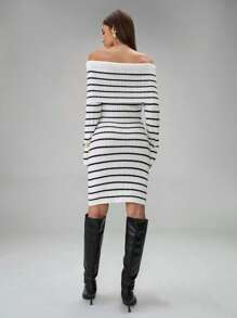 SHEIN Unity Women Casual Colorblock Stripe Off Shoulder Long Sleeve Bodycon Sweater Dress, Fashionable & Sexy - Black and White - View 2