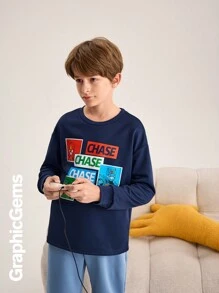 Tween Boy 休闲字母印花圆领长袖宽松运动衫，秋冬 - 彩色 - 查看 4