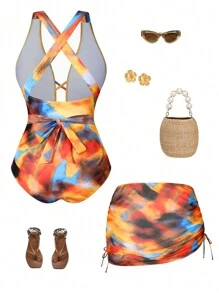 Swim Oasis Đồ bơi liền thân in họa tiết dây chéo cỡ lớn + váy che viền có dây rút mùa hè - Màu vàng - Xem 8