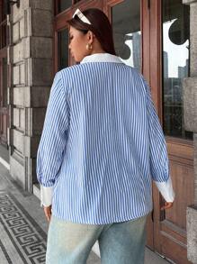 Calvaya Plus Size Women's Button Front Long Sleeve Striped Color Block Casual Shirt Fall Cloth For Women - Blue and White - View 2