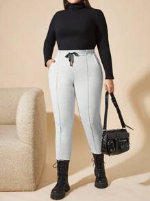 RueChic Plus Size Casual & Versatile Solid Color Slim Fit Pants - Light Grey - View 6