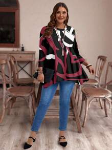 EMERY ROSE Plus Size Women's Casual Asymmetrical Hem Round Neck Loose 3/4 Sleeve T-Shirt, Fall/Winter