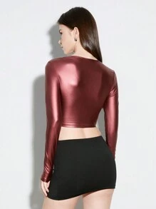 Flirla 1pc Women's Wine Red Shiny Slim Fit Cropped Long Sleeve T-Shirt, Elegant Party & Versatile, Autumn/Winter, Christmas For New Year Clothes