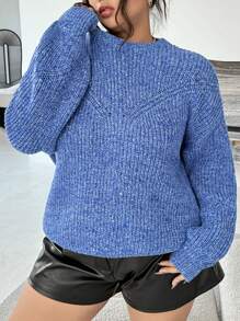 INAWLY Suéter casual de cuello redondo de unicolor de manga larga, para invierno, tejido, tipo jersey de otoño, talla grande - Azul - Ver 4