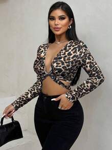 SHEIN Foxxy Women Leopard Print Long Sleeve Casual Cropped Top, Everyday Wear - Brown - View 3