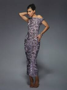 MISSGUIDED Y2K Futuristic Sequin Asymmetric Neckline Draped Off-Shoulder Maxi Dress - Purple - View 6