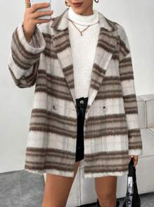 SHEIN Essnce 女士休闲时尚条纹拼色翻领落肩宽松双排扣中长款大衣，秋冬 - 彩色 - 查看 2