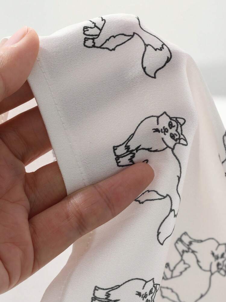 Animal Pattern Allover Print Satin Gather Collar Lantern Sleeve Loose Nightgown Pajama