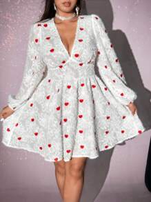 Viva Relle Váy ngắn thường ngày họa tiết trái tim cổ chữ V dài tay cỡ lớn, ngày lễ tình nhân - trắng - Xem 1