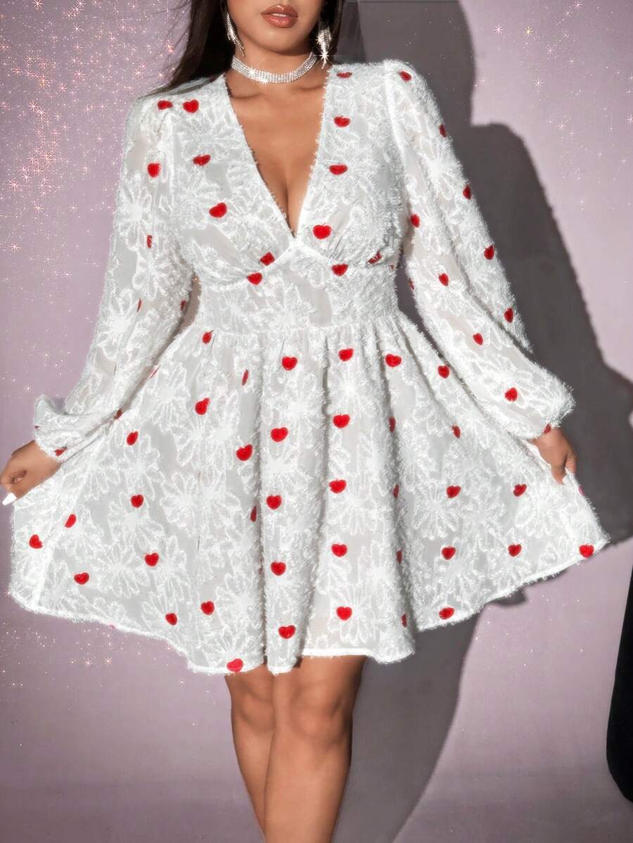 Viva Relle Váy ngắn thường ngày họa tiết trái tim cổ chữ V dài tay cỡ lớn, ngày lễ tình nhân - trắng - Xem 1