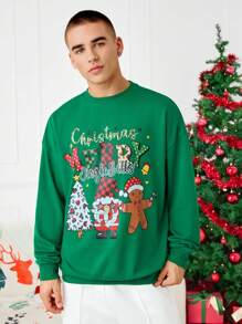 Manfinity VCAY Printed Digital Graphic Loose Fit Drop Shoulder Crew Neck Sweatshirt, Christmas Going Out Graphic Long Sleeve Forest Green Sweatshirt, For Friends, Husband, Boyfriend Gifts, For Fall Winter - Green - View 1