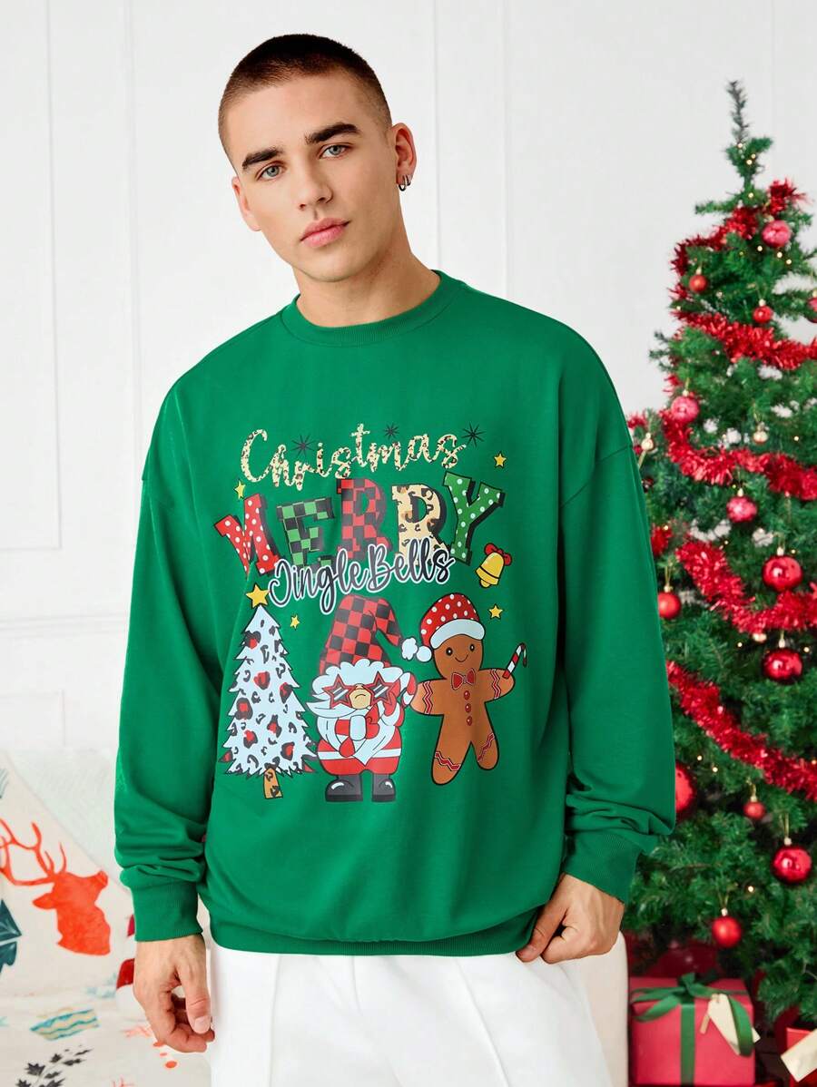 Manfinity VCAY Printed Digital Graphic Loose Fit Drop Shoulder Crew Neck Sweatshirt, Christmas Going Out Graphic Long Sleeve Forest Green Sweatshirt, For Friends, Husband, Boyfriend Gifts, For Fall Winter - Green - View 1