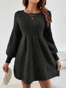 SHEIN Frenchy Women Solid Color Round Neck Long Sleeve Short Casual Sweater Dress, Autumn/Winter - Dark Grey - View 4