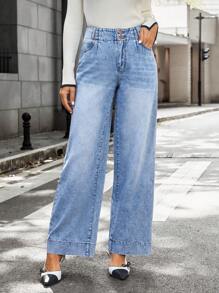 SHEIN Essnce Women's Solid Color Front Button Pocket Casual Versatile Jeans - Blue - View 1