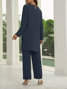 Mulvari Conjunto casual de 2 piezas con top de manga larga de cuello redondo y pantalones de unicolor para mujer
