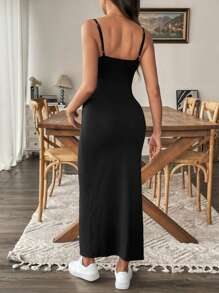 SHEIN 孕妇纯色黑色细肩带开衩简约休闲长款连衣裙