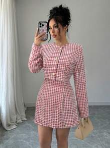 Elenzga 2 件套女士休闲前扣长袖格子上衣和连衣裙套装 - 紅色 - 查看 4