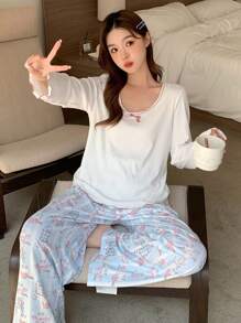 DAZY Cute Floral Lace Bow Trim Top & Loose Fit Allover Cat Print Straight Pants Sleepwear Pajama Set, Fall Winter Clothes - White - View 7