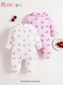2pcs/Set Newborn Baby Cherry Pattern Long Sleeve Full Coverage Jumpsuit Pajamas - Multicolor - View 2